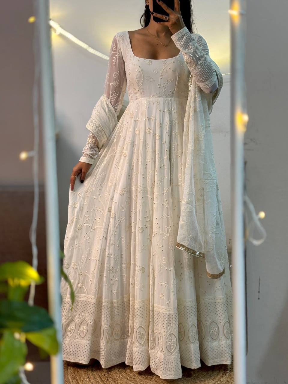 Ivory Embroidered Anarkali Set with Sheer Dupatta - Image 3
