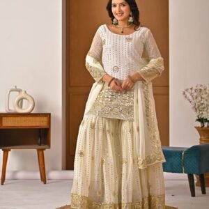 Ivory Embroidered Kurta with Flared Sharara and Dupatta Set
