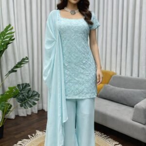Pastel Blue Embroidered Kurta Palazzo Set with Dupatta