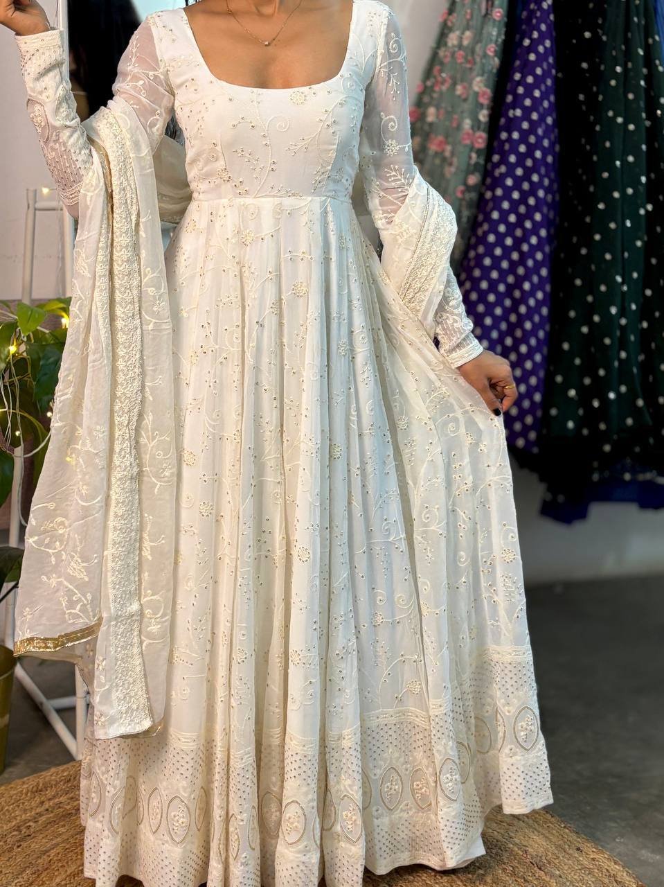 Ivory Embroidered Anarkali Set with Sheer Dupatta - Image 4