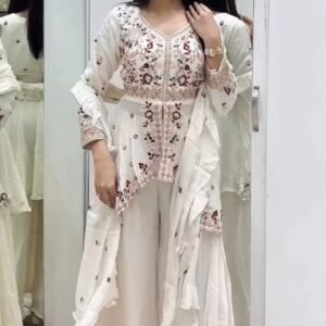 Ivory Embroidered Peplum Kurta with Sharara and Dupatta Set