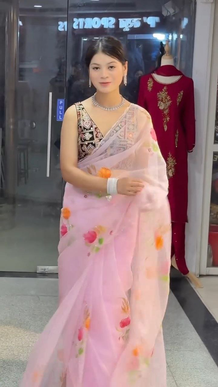 Baby Pink Floral Organza Saree with Embroidered Border - Image 2