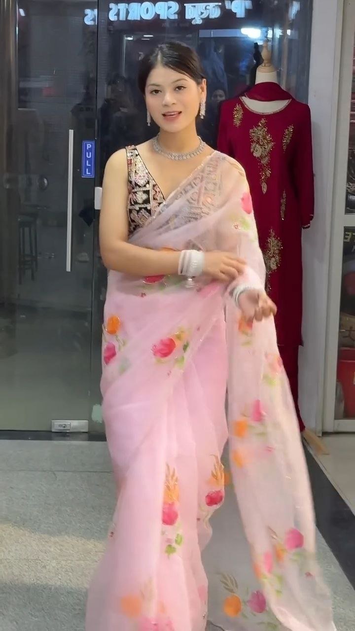 Baby Pink Floral Organza Saree with Embroidered Border - Image 3