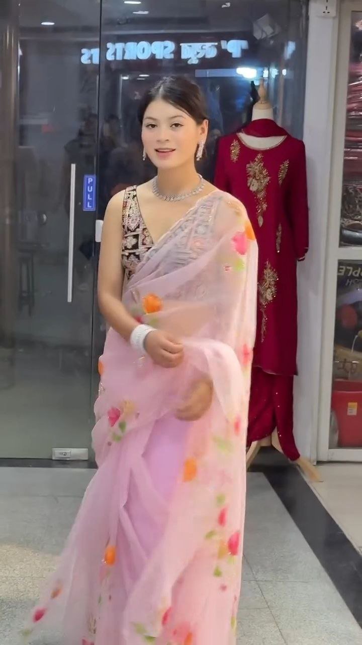 Baby Pink Floral Organza Saree with Embroidered Border - Image 6