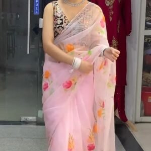 Baby Pink Floral Organza Saree with Embroidered Border
