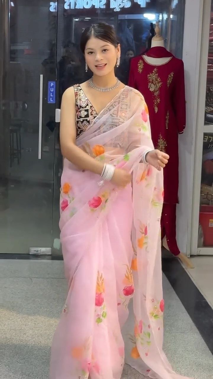 Baby Pink Floral Organza Saree with Embroidered Border