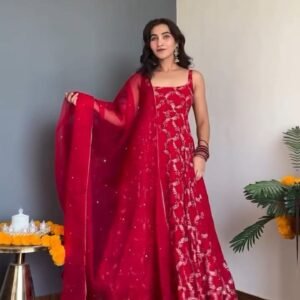 Scarlet Red Embroidered Georgette Anarkali Set with Dupatta