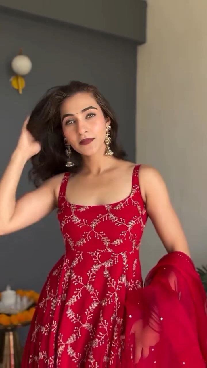 Scarlet Red Embroidered Georgette Anarkali Set with Dupatta - Image 4