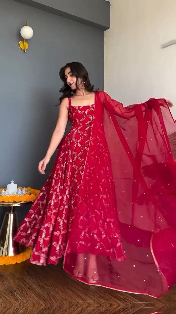 Scarlet Red Embroidered Georgette Anarkali Set with Dupatta - Image 2