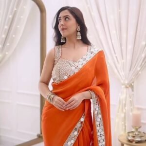 Orange Mirror Work Designer Saree with Embellished Blouse