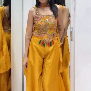 Mustard Yellow Embroidered Kurti Palazzo Set with Tassel Detail