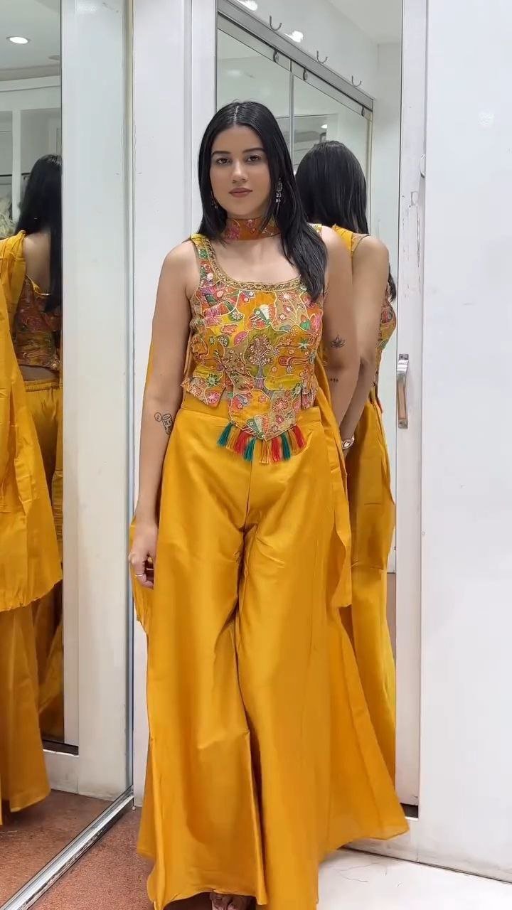 Mustard Yellow Embroidered Kurti Palazzo Set with Tassel Detail