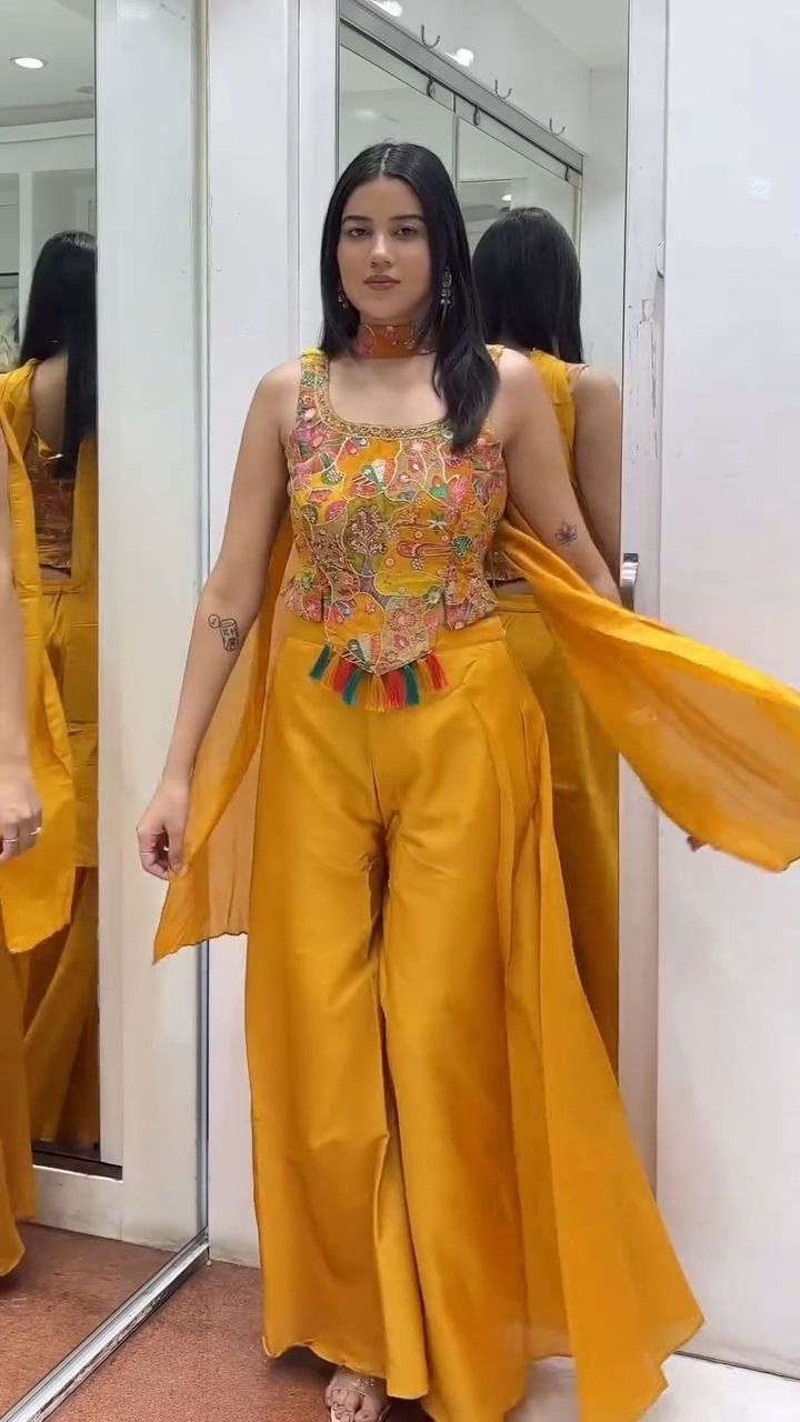 Mustard Yellow Embroidered Kurti Palazzo Set with Tassel Detail - Image 7