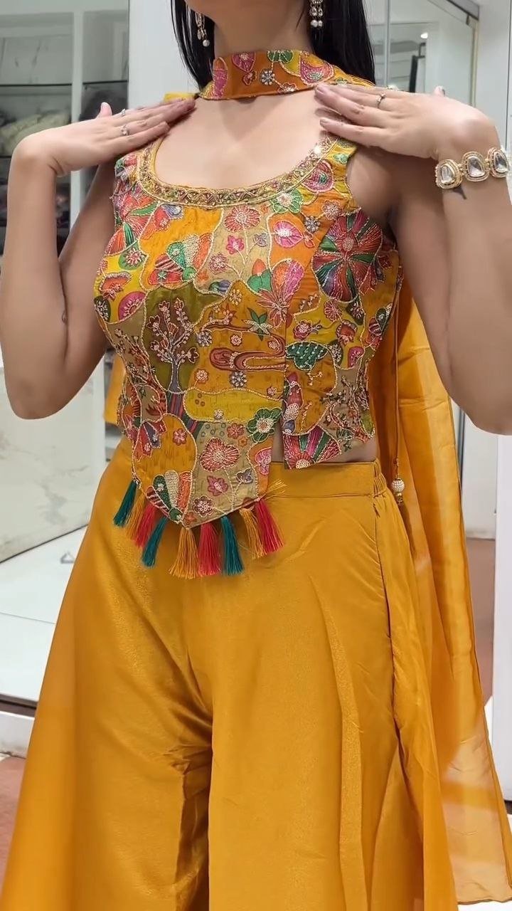 Mustard Yellow Embroidered Kurti Palazzo Set with Tassel Detail - Image 5