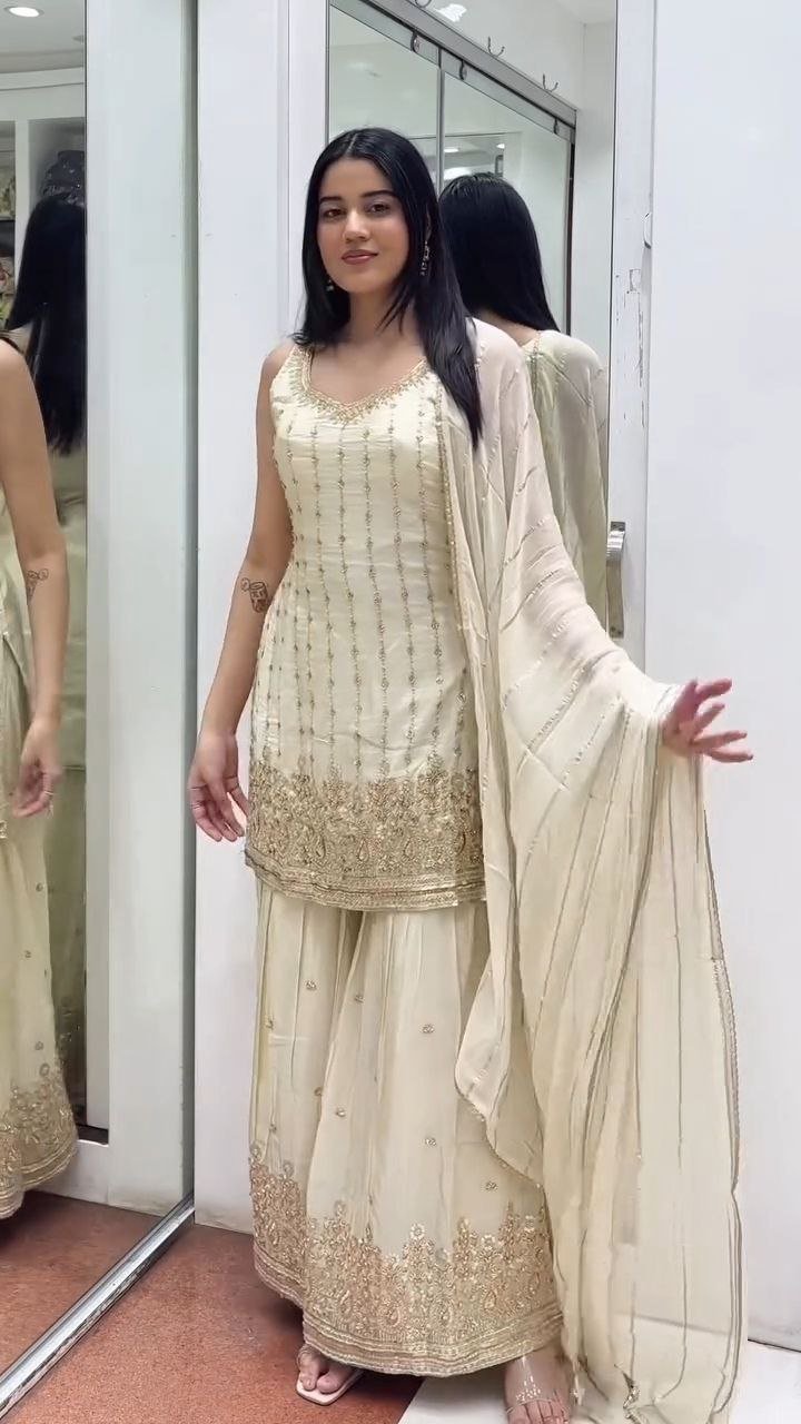 Ivory Embroidered Kurti Sharara Set with Dupatta - Image 2