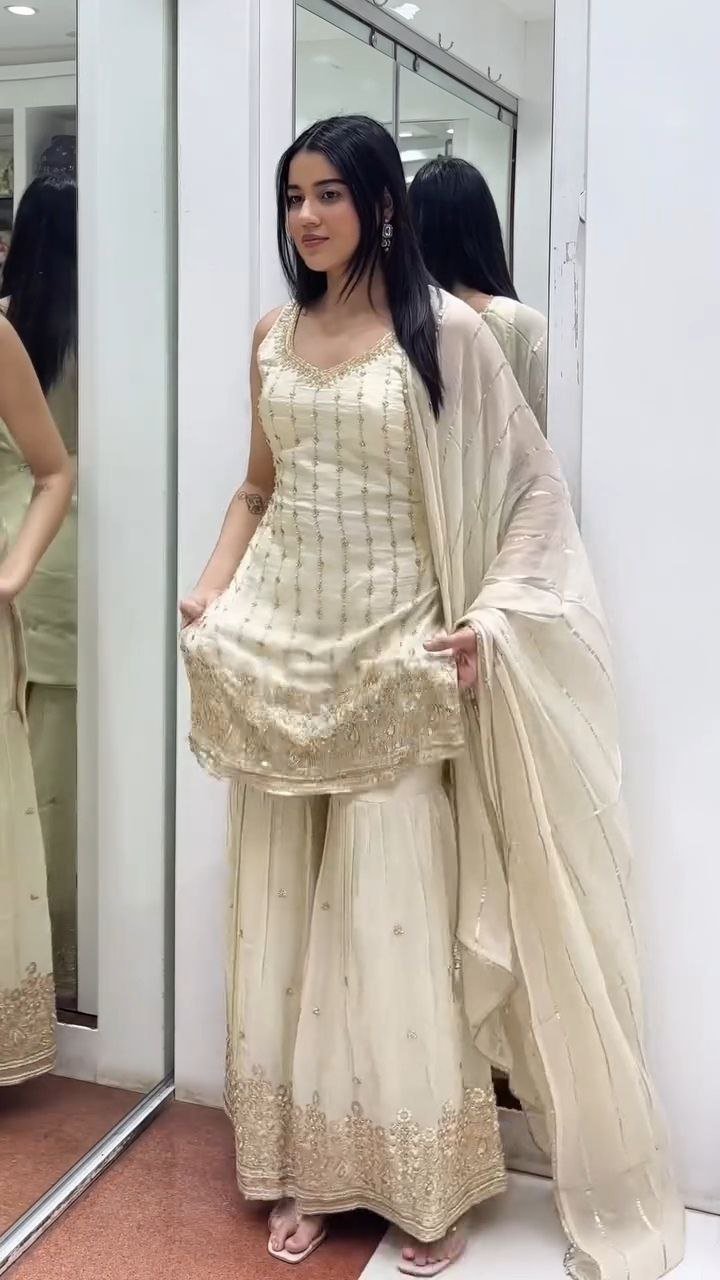 Ivory Embroidered Kurti Sharara Set with Dupatta - Image 3