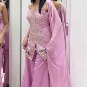 Blush Pink Embroidered Kurti Palazzo Set with Dupatta