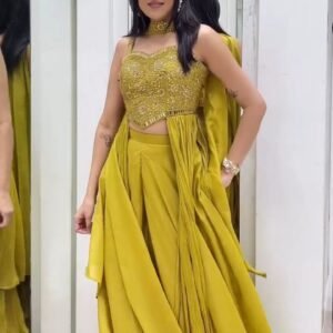 Mustard Yellow Embroidered Crop Top Palazzo Set with Cape Dupatta
