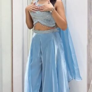 Ice Blue Embellished Crop Top with Palazzo & Dupatta Set