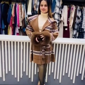 Women’s Checkered Belted Winter Coat with Fur Cuffs