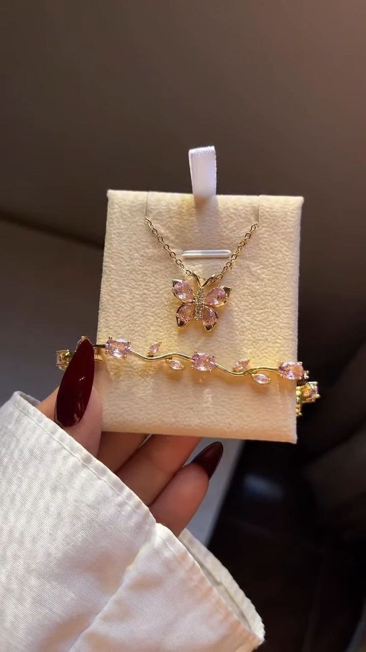 Crescent Pendant Necklace with Pink Crystal Bracelet Set