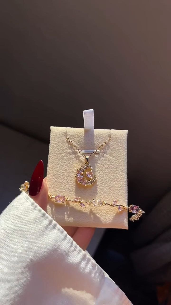 Crescent Pendant Necklace with Pink Crystal Bracelet Set - Image 2