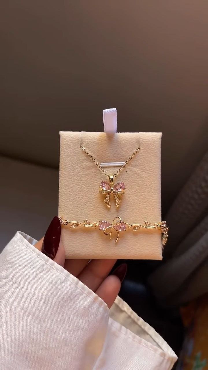 Crescent Pendant Necklace with Pink Crystal Bracelet Set - Image 3