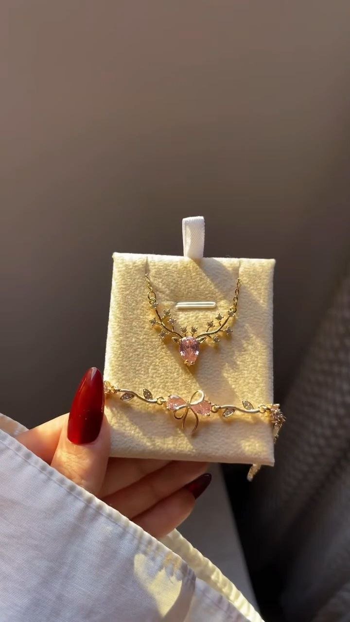 Crescent Pendant Necklace with Pink Crystal Bracelet Set - Image 4