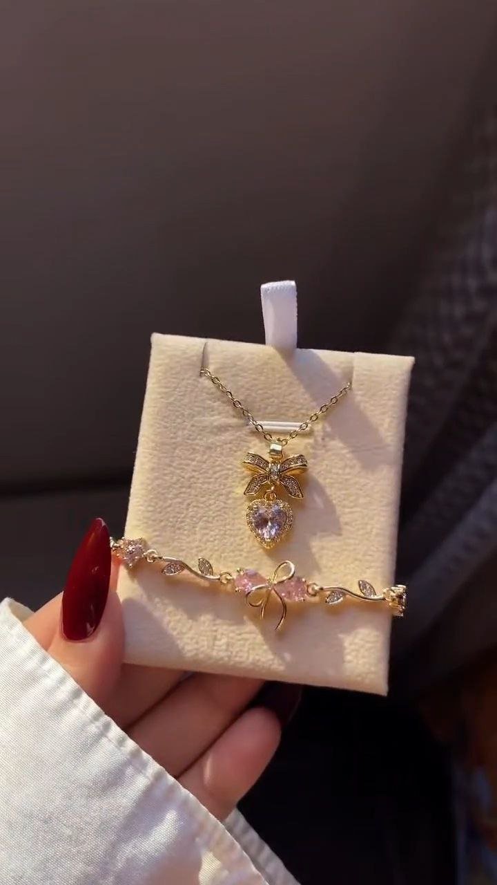 Crescent Pendant Necklace with Pink Crystal Bracelet Set - Image 5