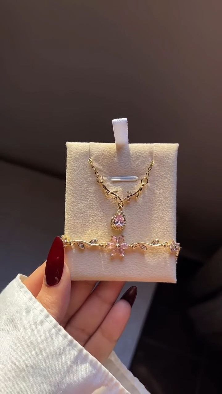 Crescent Pendant Necklace with Pink Crystal Bracelet Set - Image 6