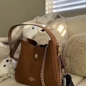 Classic Brown Leather Chain-Handle Bucket Bag