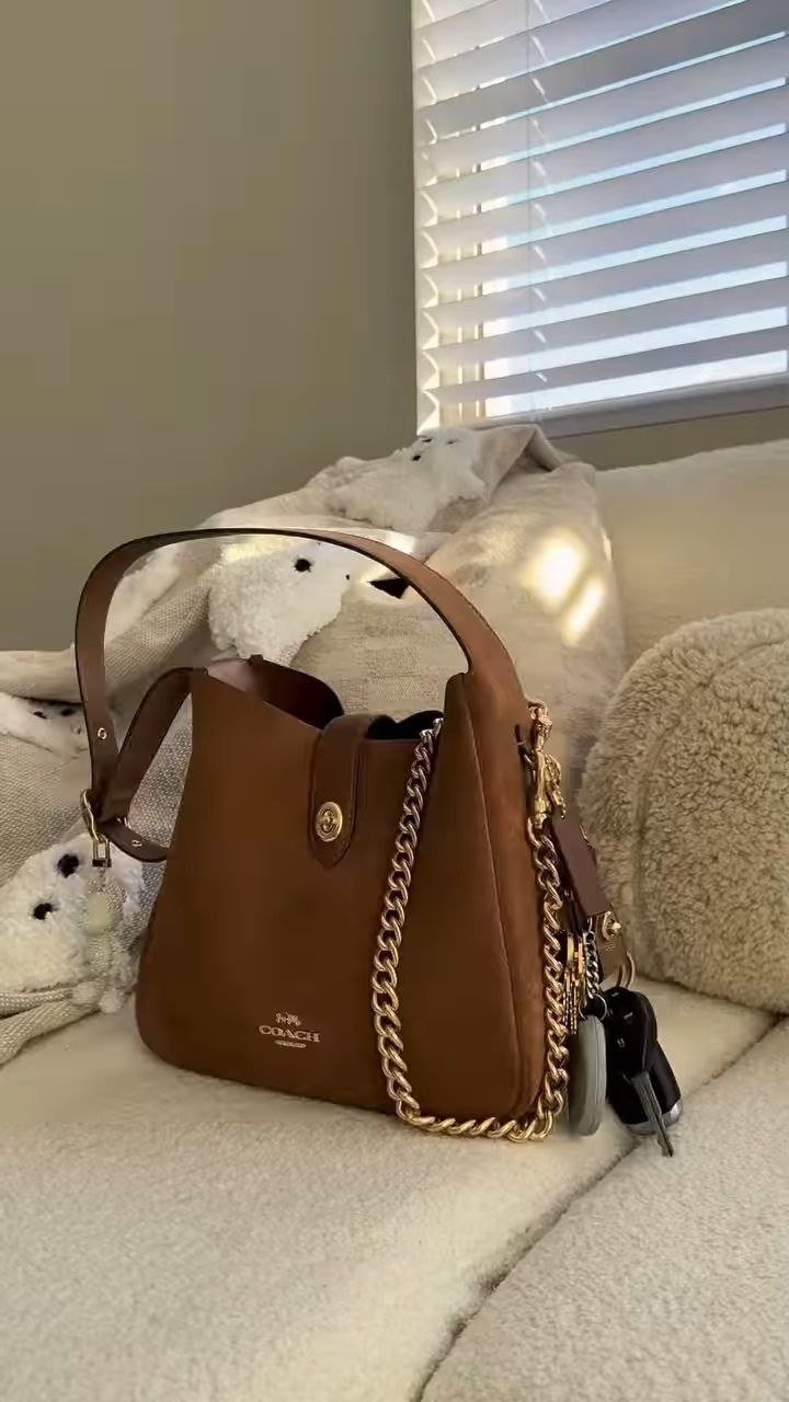 Classic Brown Leather Chain-Handle Bucket Bag