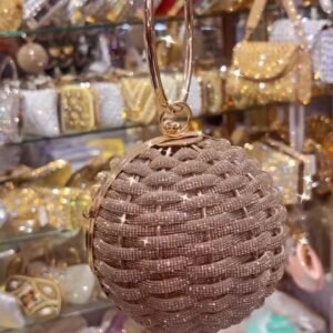 Round Beaded Crystal Clutch with Metal Ring Handle