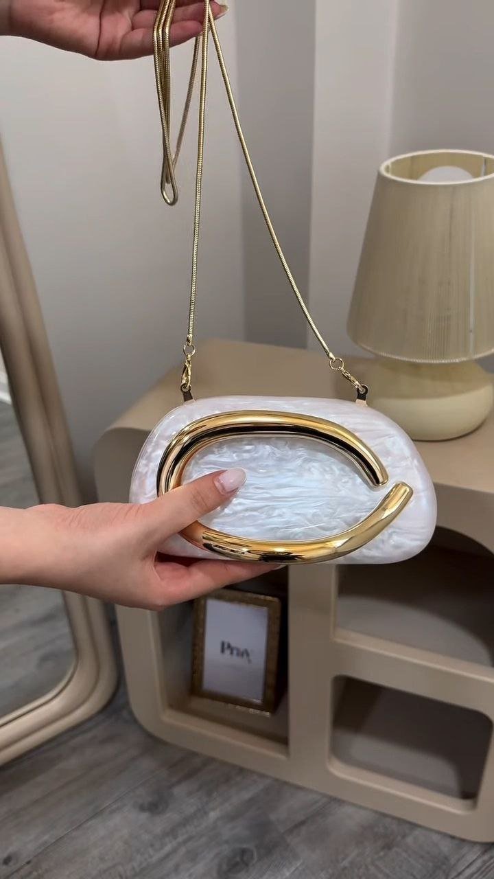 Elegant Pearl Finish Clutch with Gold Chain Strap