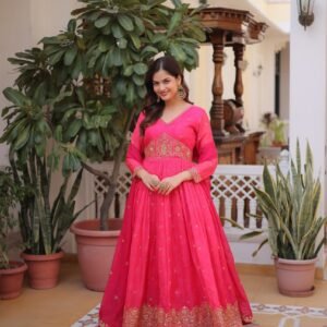 Rani Pink Embroidered Anarkali Gown for Festive & Wedding Wear