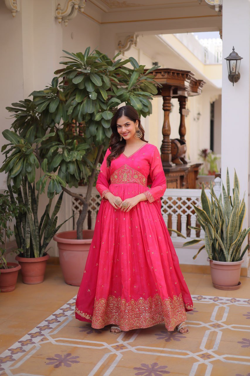 Rani Pink Embroidered Anarkali Gown for Festive & Wedding Wear