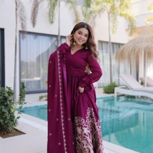 Wine Purple Embroidered Anarkali Gown with Dupatta