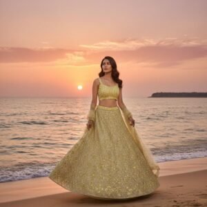 Sunshine Yellow Butterfly Net Embroidered Lehenga Choli Set
