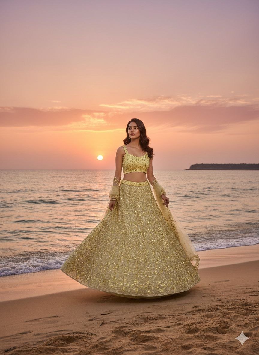 Sunshine Yellow Butterfly Net Embroidered Lehenga Choli Set
