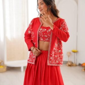 Red Embroidered Lehenga Set with Designer Jacket