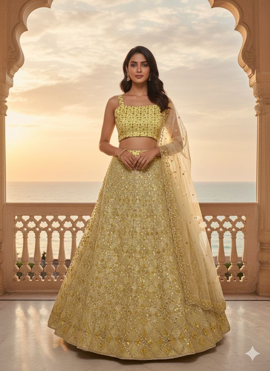 Sunshine Yellow Butterfly Net Embroidered Lehenga Choli Set - Image 4