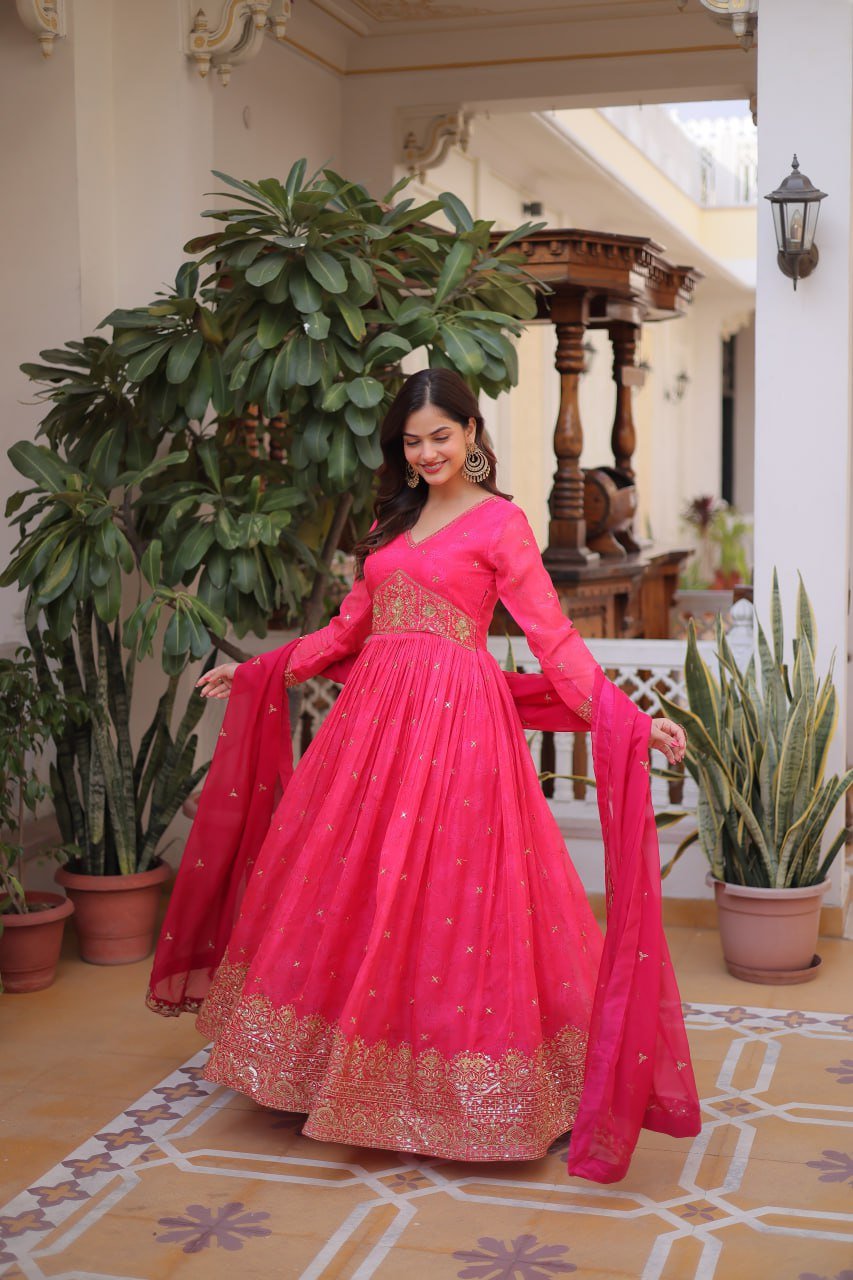 Rani Pink Embroidered Anarkali Gown for Festive & Wedding Wear - Image 3