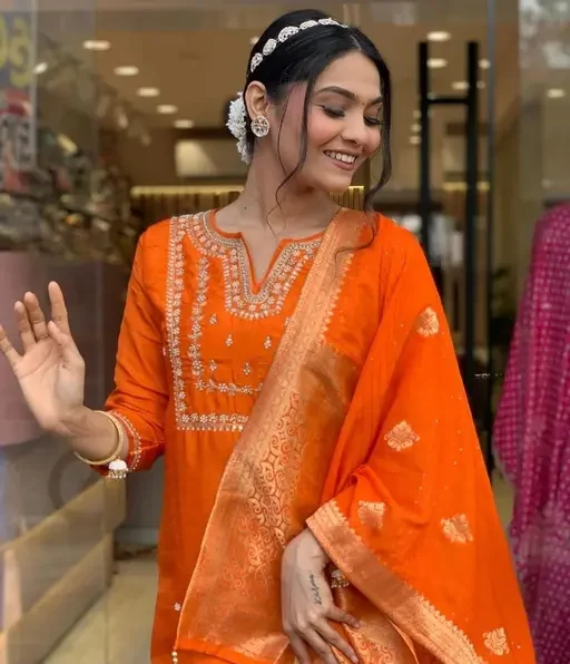 Women's Orange Chanderi Viscose Embroidered Straight Kurta with Chanderi Viscose Pant and Jacquard Jacquard Dupatta Sets