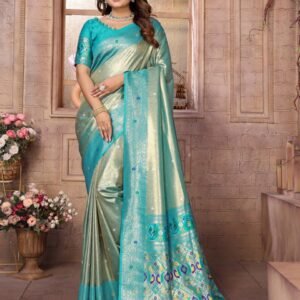 Teal Blue Color Banarsi Silk Saree
