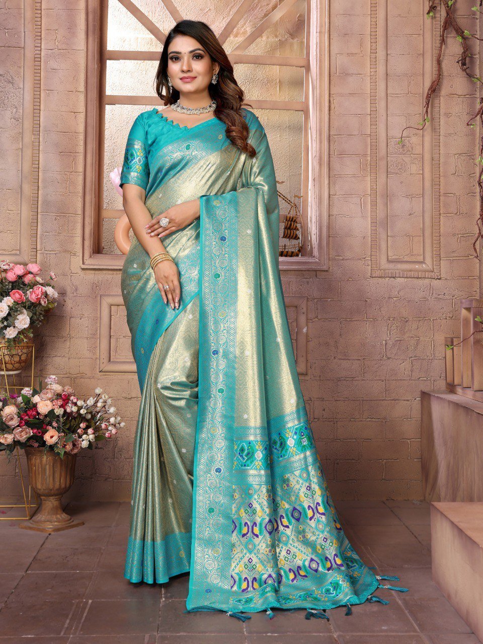 Teal Blue Color Banarsi Silk Saree