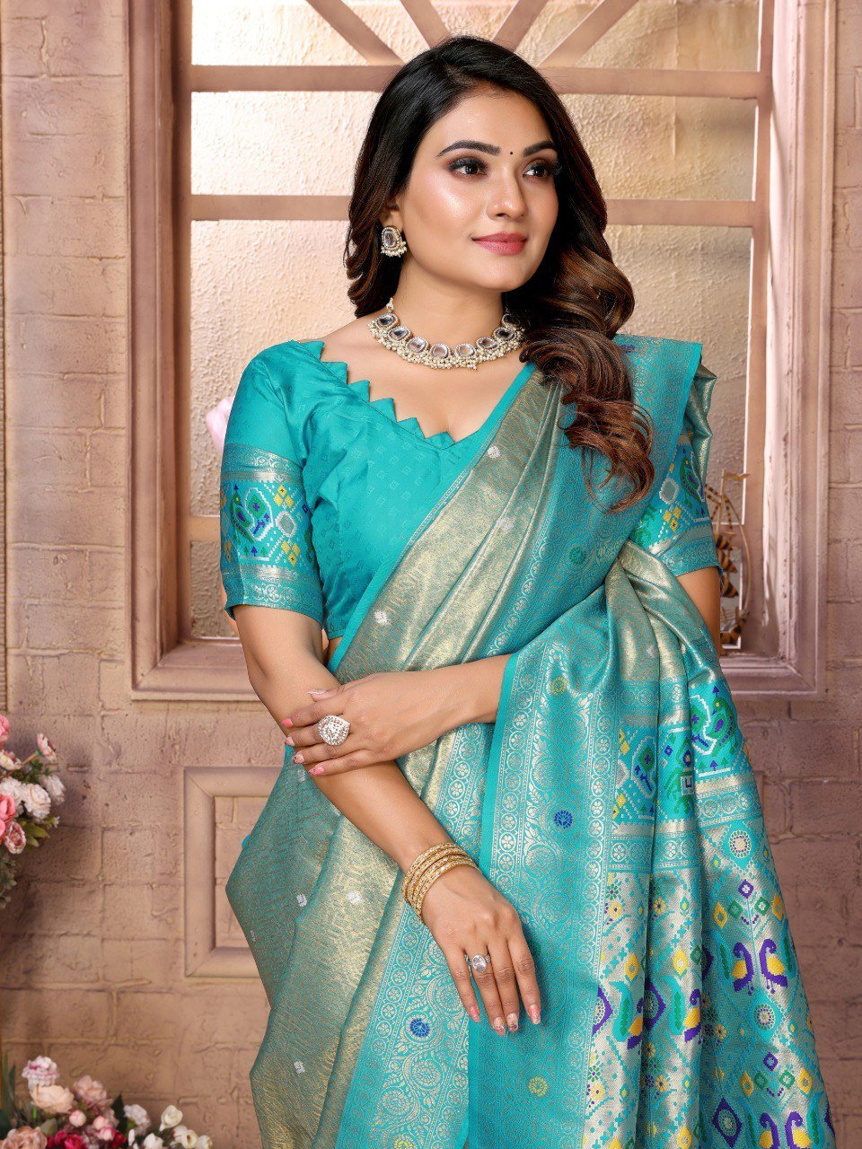Teal Blue Color Banarsi Silk Saree - Image 2