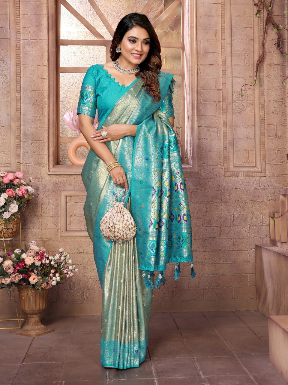 Teal Blue Color Banarsi Silk Saree - Image 3