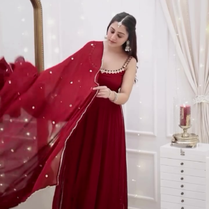 Maroon Mirror Work Flared Anarkali Gown Set with Dupatta