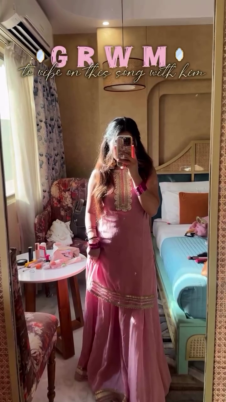 Dusty Pink Gota Patti Kurta Sharara Set with Embroidered Neckline