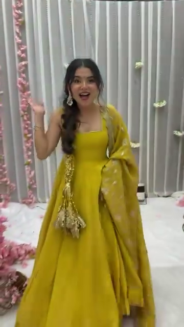 Mustard Yellow Solid Flared Gown Set with Gota Tassels and Banarasi Dupatta - Image 2